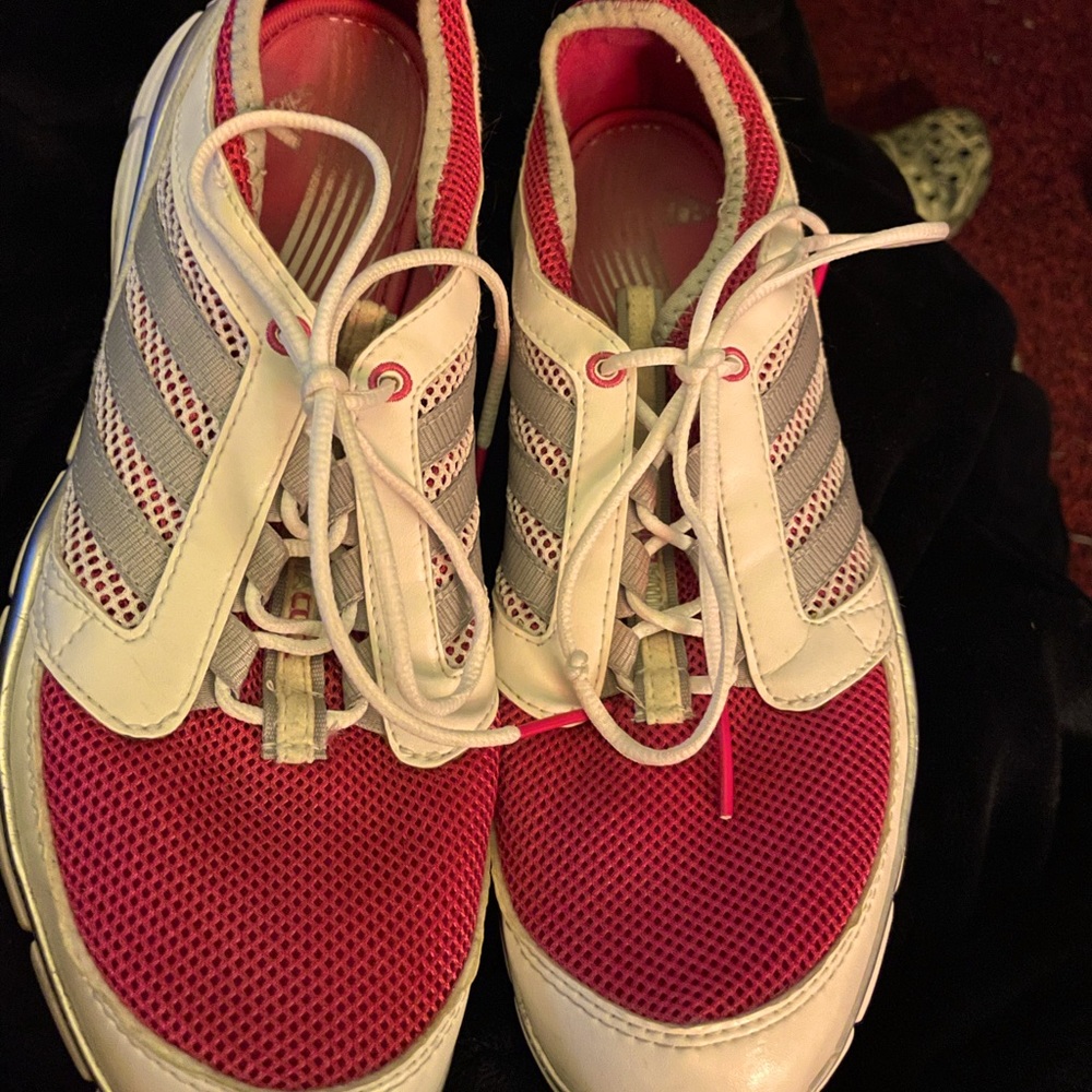 Used Adidas size 8.5 white and red shoes